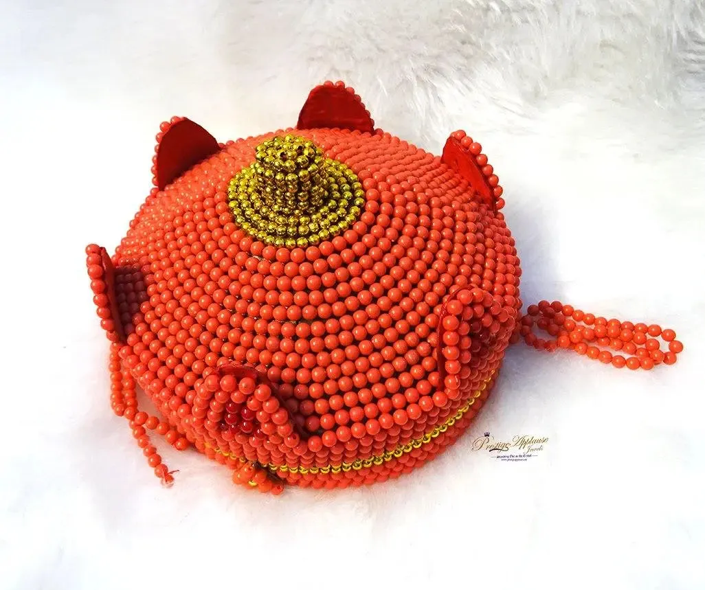 PrestigeApplause African hand made Coral Orange Gold beaded cap Nigerian traditional wedding Edo/Igbo