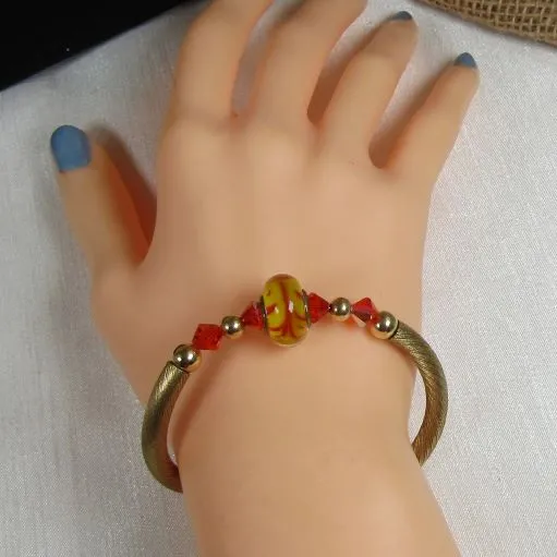 Red & Gold Artisan Bead Gold Bangle Bracelet