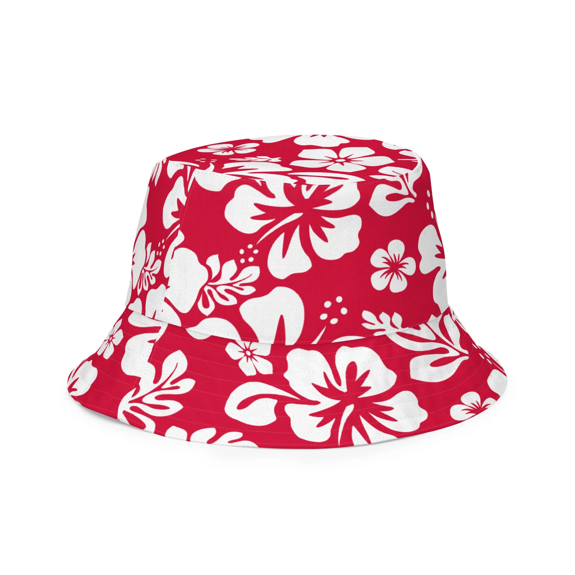 Red, White and Navy Blue Hawaiian Flowers Reversible Bucket Hat