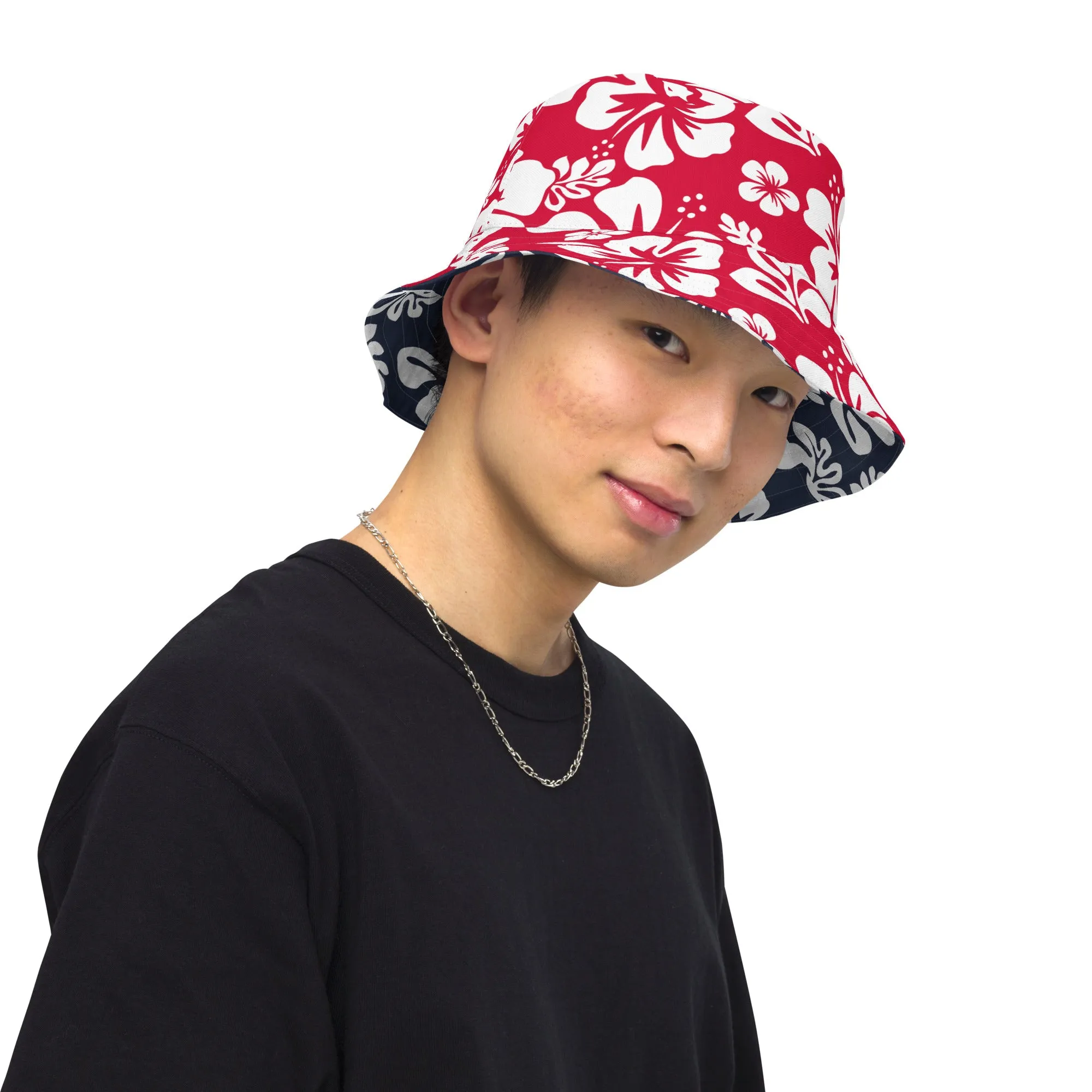 Red, White and Navy Blue Hawaiian Flowers Reversible Bucket Hat