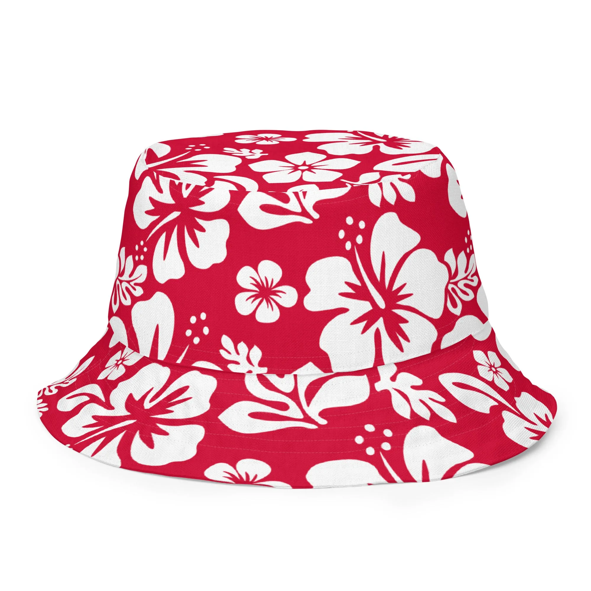 Red, White and Navy Blue Hawaiian Flowers Reversible Bucket Hat