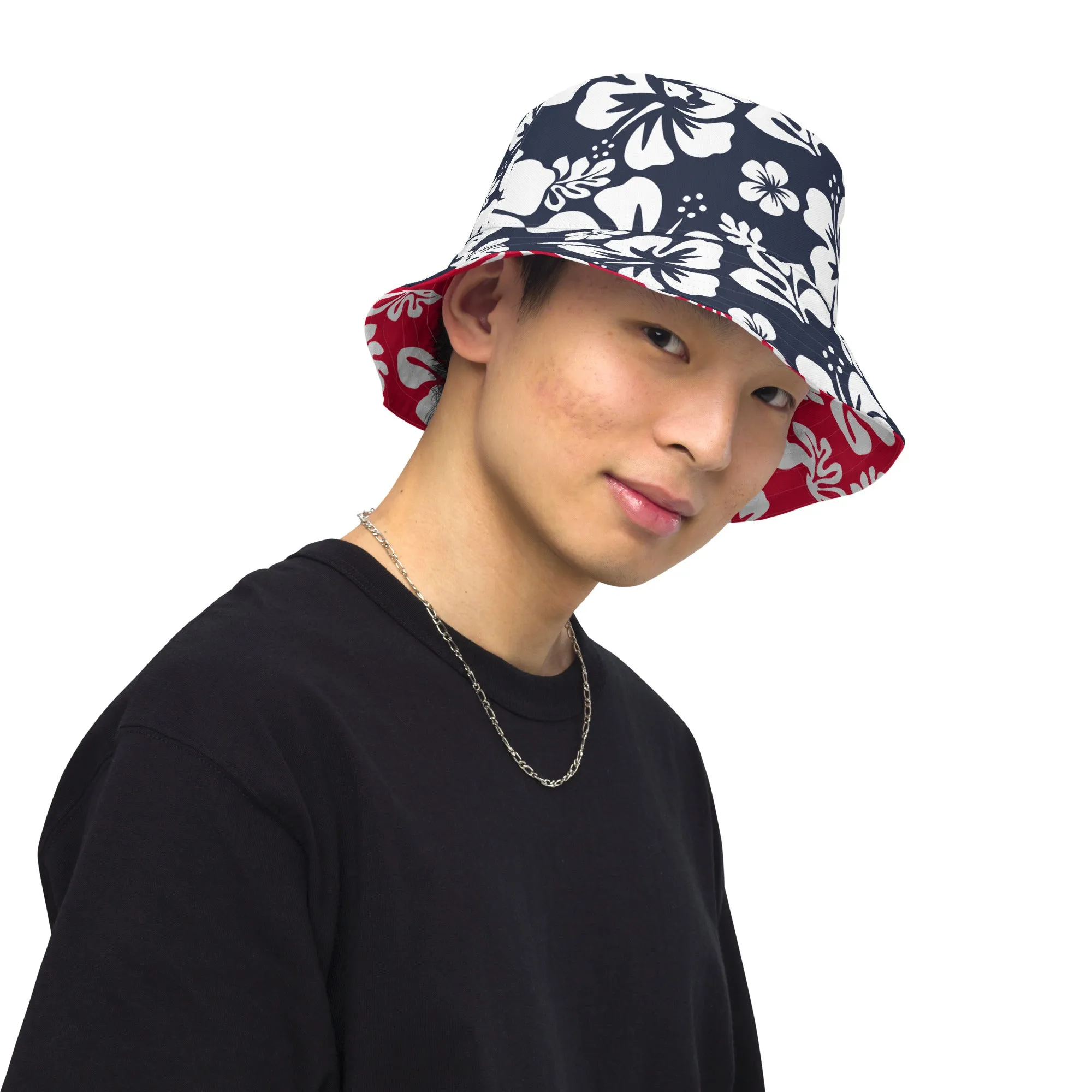 Red, White and Navy Blue Hawaiian Flowers Reversible Bucket Hat