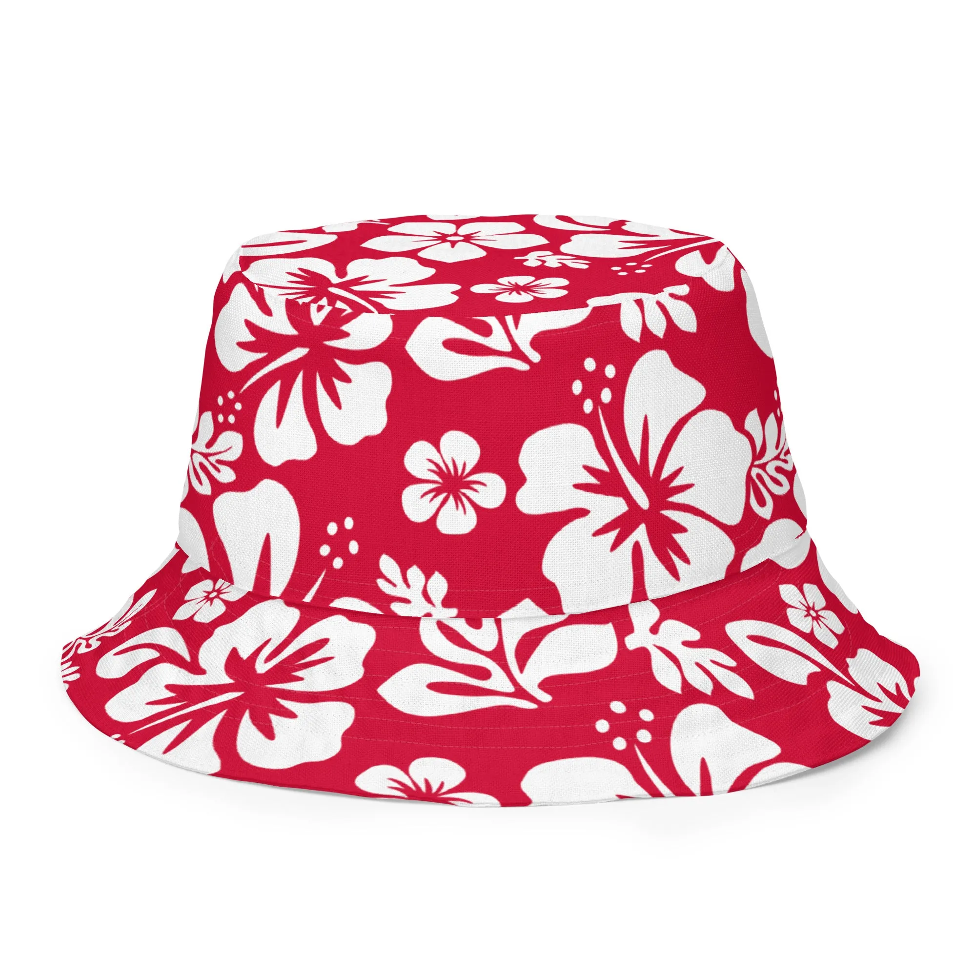 Red, White and Navy Blue Hawaiian Flowers Reversible Bucket Hat