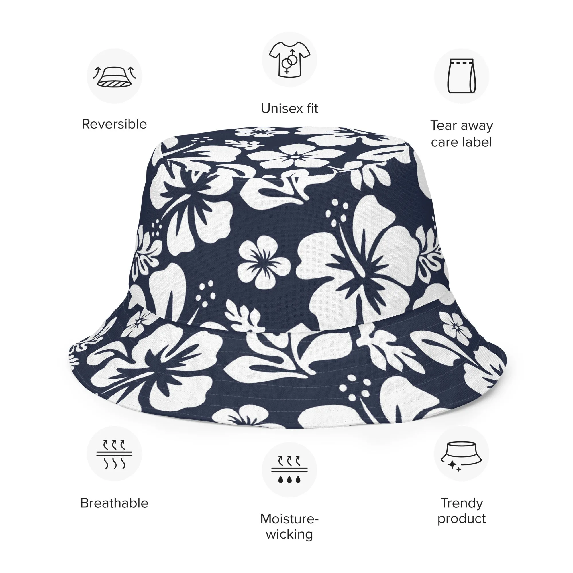 Red, White and Navy Blue Hawaiian Flowers Reversible Bucket Hat