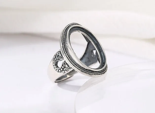 Ring Blank Cabochon Setting 13x18mm 925 Solid Sterling Silver Bezel Vintage Adjustable For One Stone DIY Jewelry Finding Wholesale 1pc