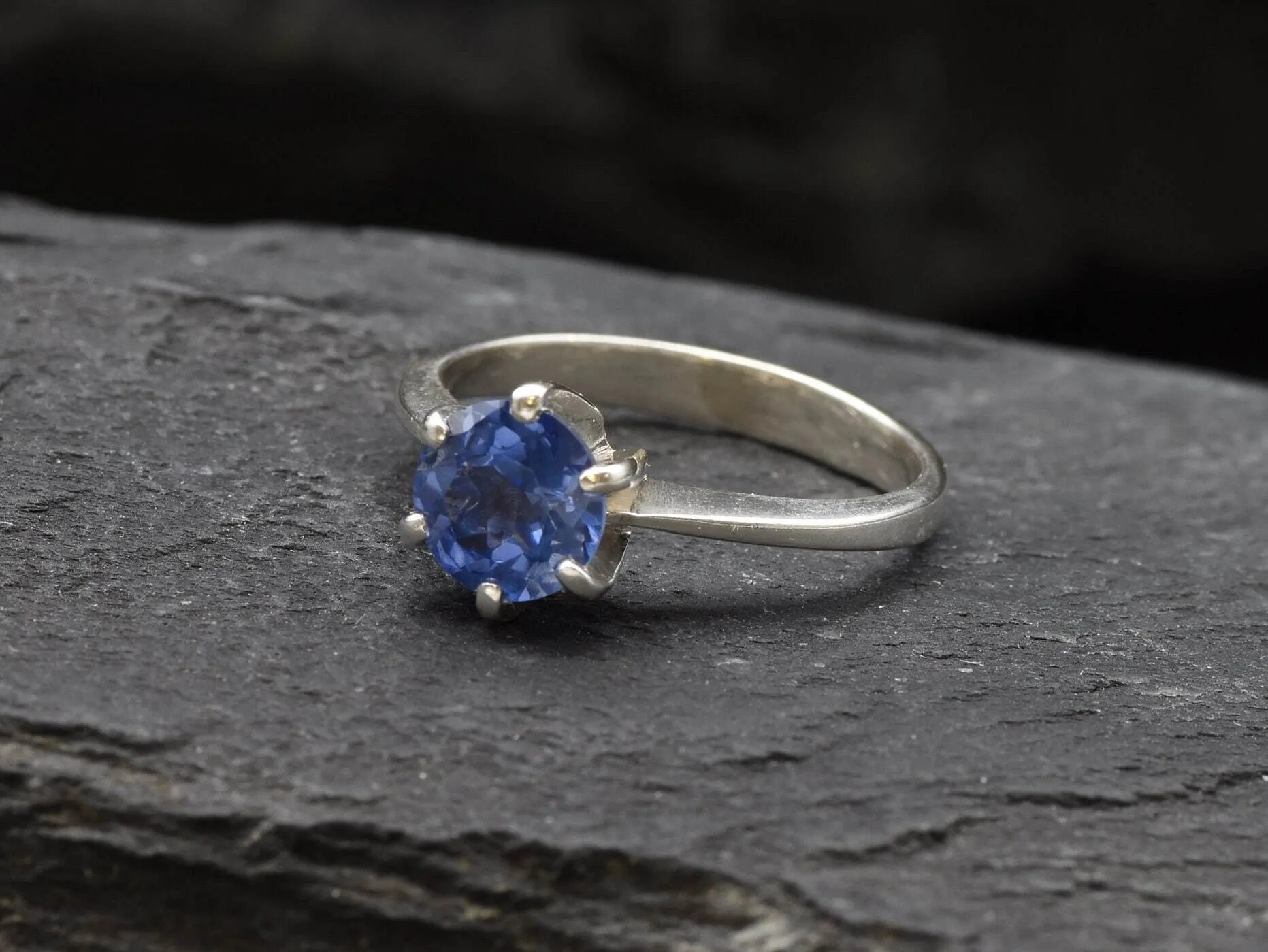Sapphire Engagement Ring - Blue Solitaire Ring, Dainty Sapphire Band