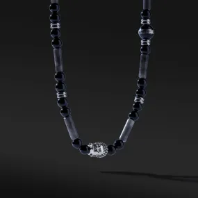 Silver Buddha Necklace, Enamel Bead with Obsidian, PIcasso Jasper