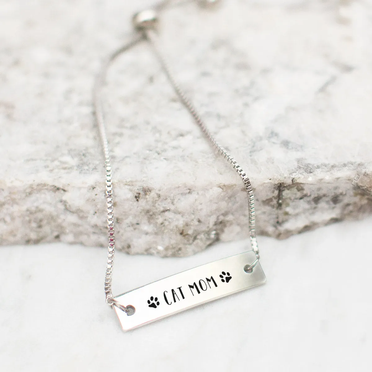 Silver Cat Mom Adjustable Bar Bracelet
