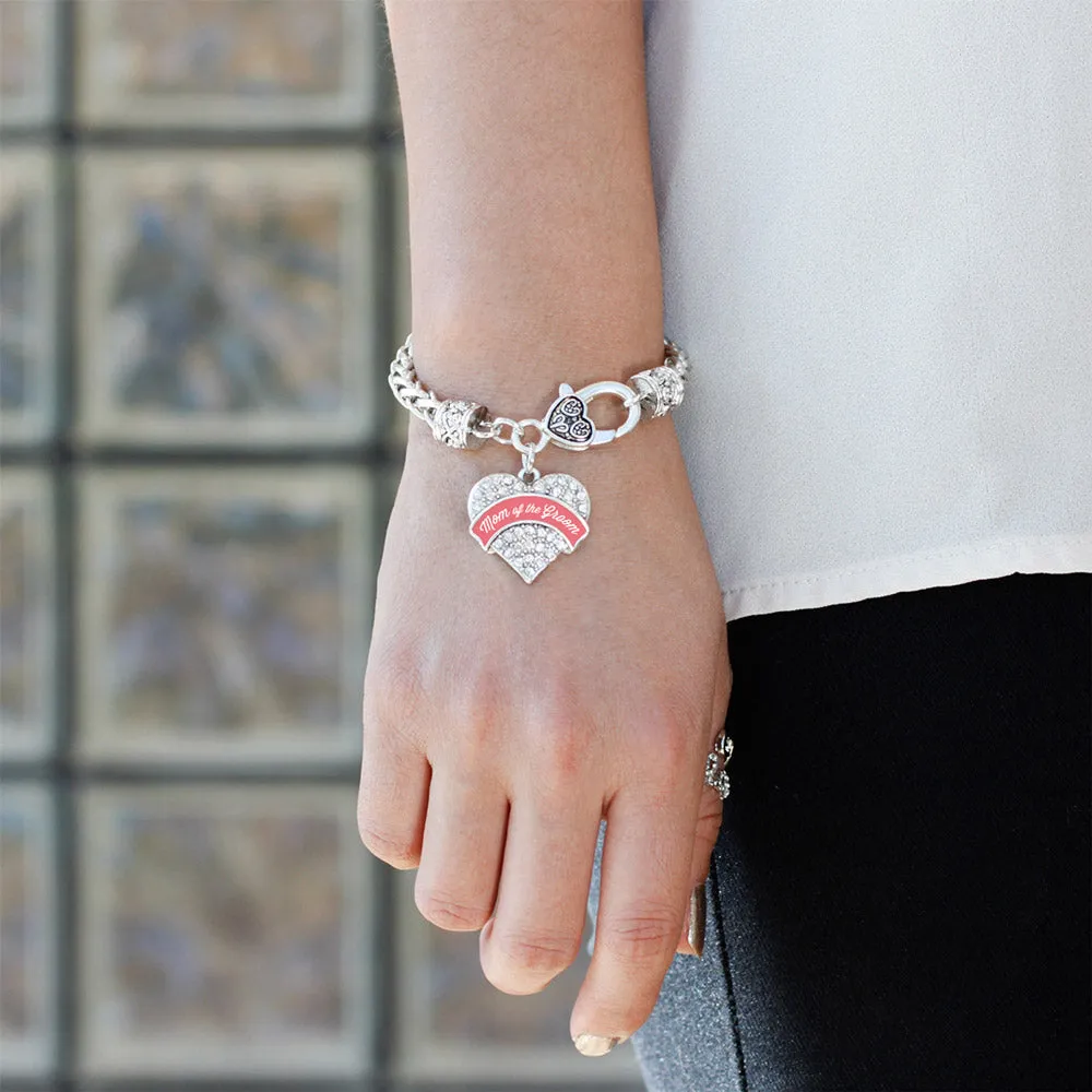 Silver Coral Mom of Groom Pave Heart Charm Braided Bracelet