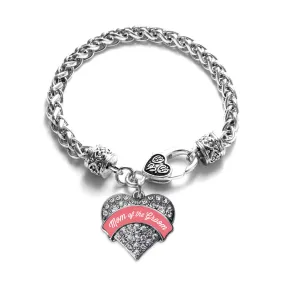 Silver Coral Mom of Groom Pave Heart Charm Braided Bracelet