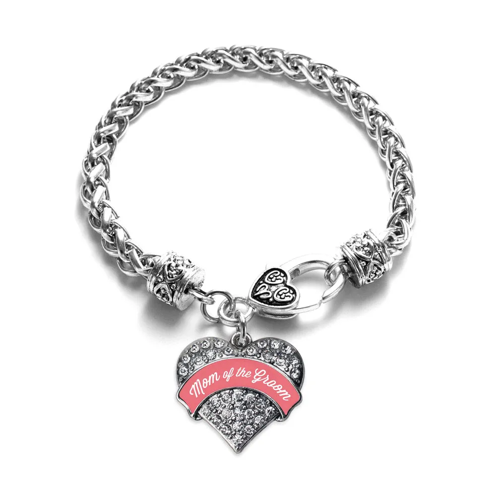 Silver Coral Mom of Groom Pave Heart Charm Braided Bracelet