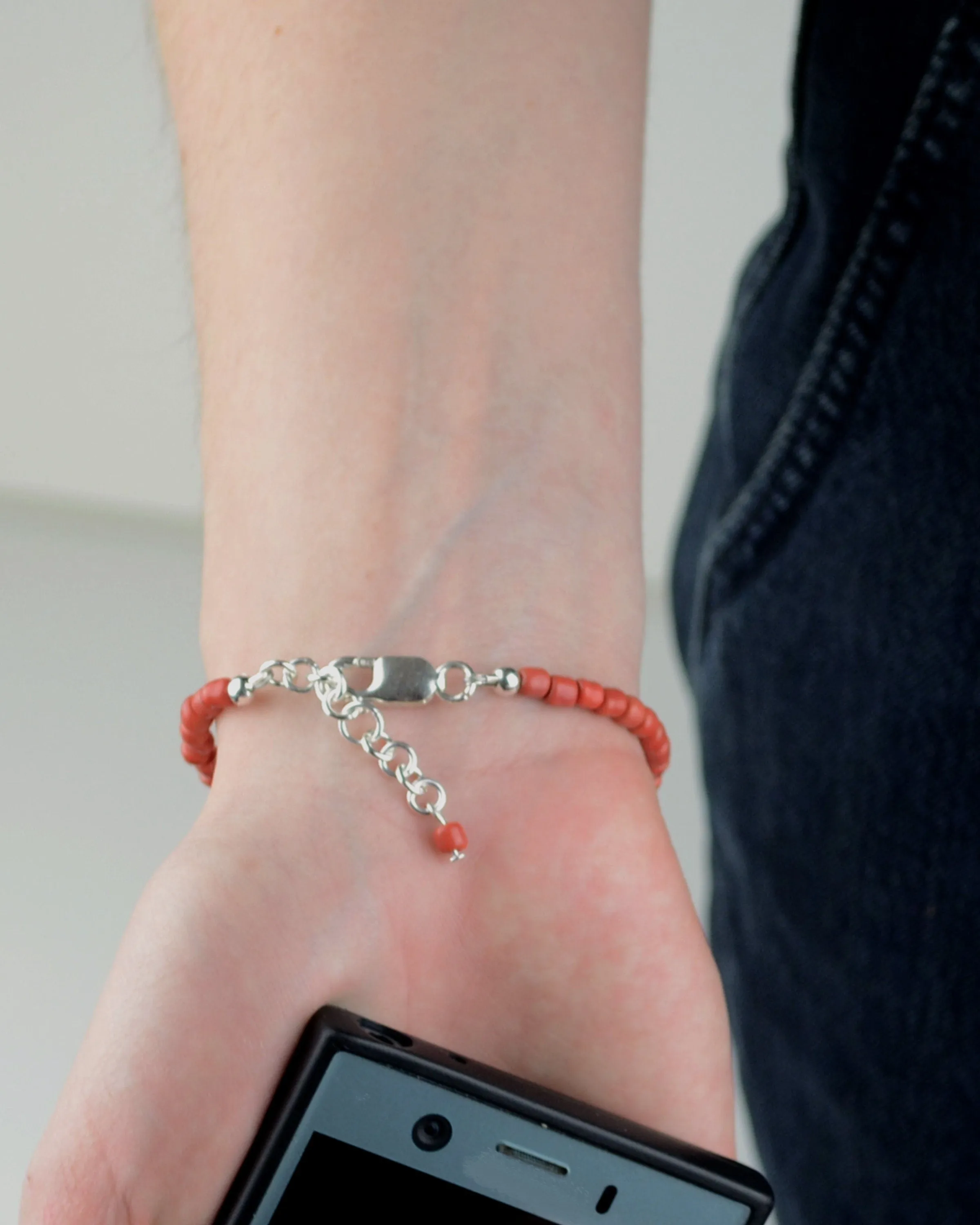 Silver heart and coral dainty bracelet, mother-daughter gift, summer jewelry