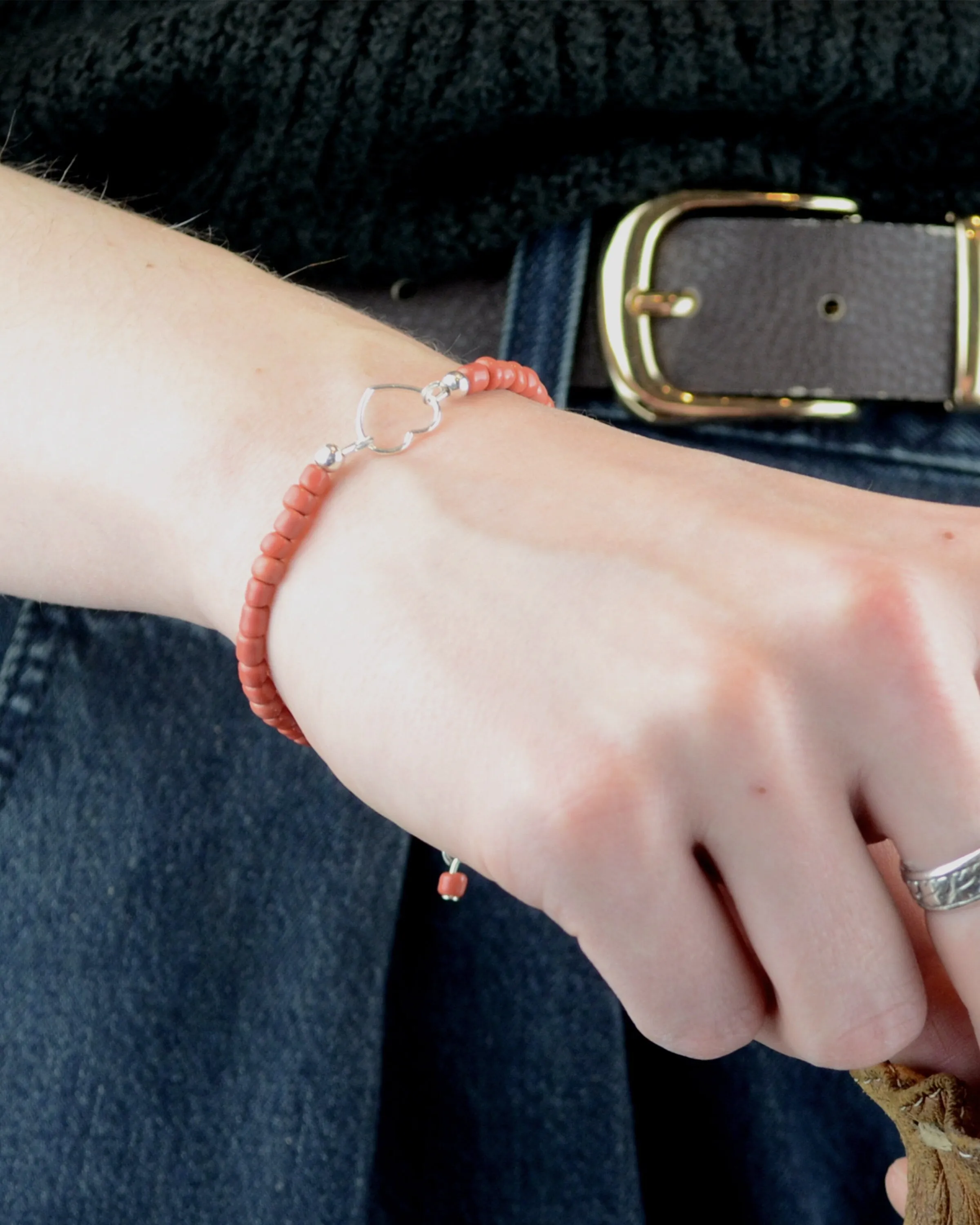 Silver heart and coral dainty bracelet, mother-daughter gift, summer jewelry