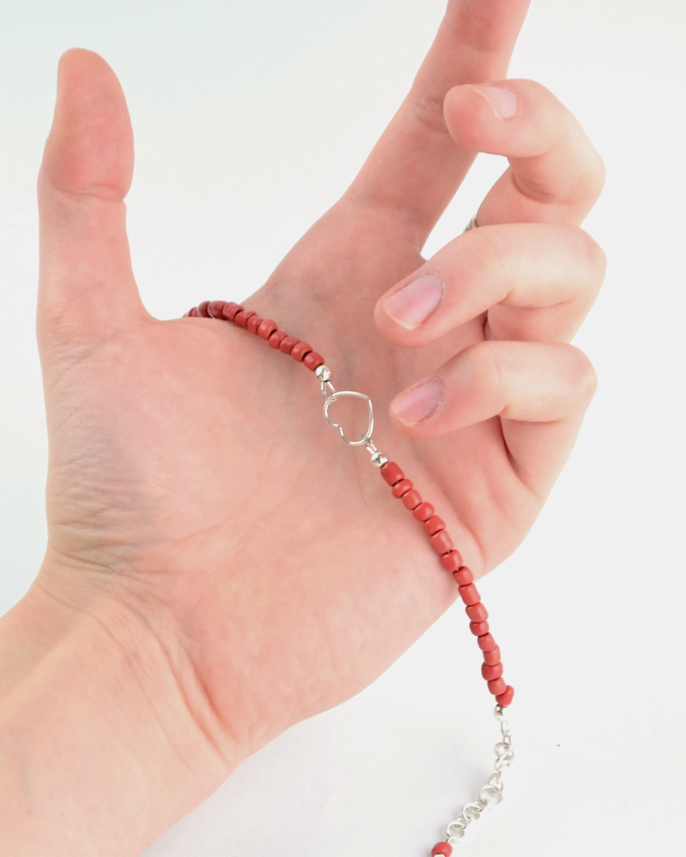 Silver heart and coral dainty bracelet, mother-daughter gift, summer jewelry