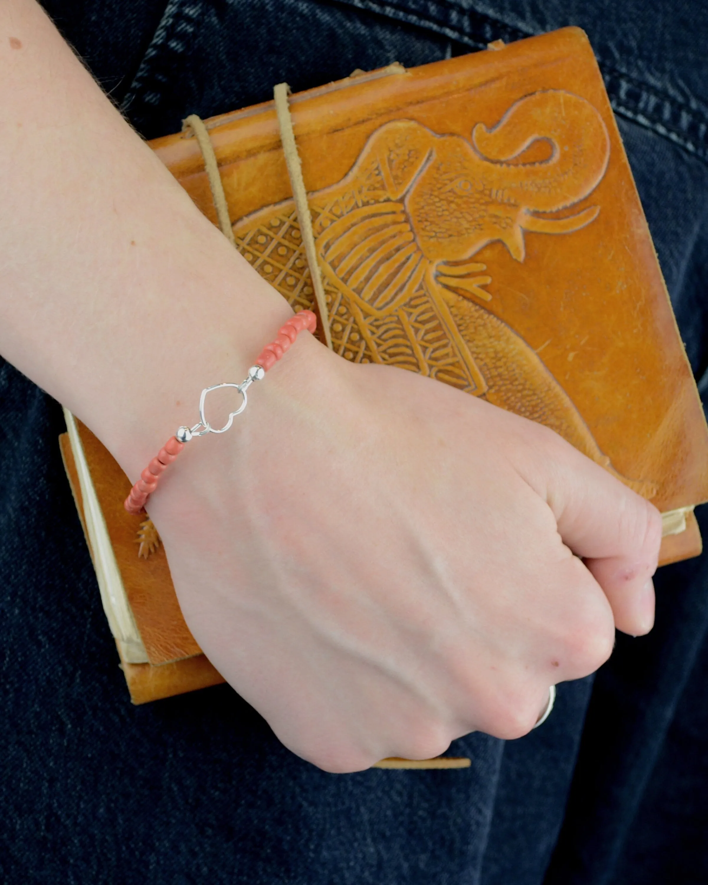 Silver heart and coral dainty bracelet, mother-daughter gift, summer jewelry