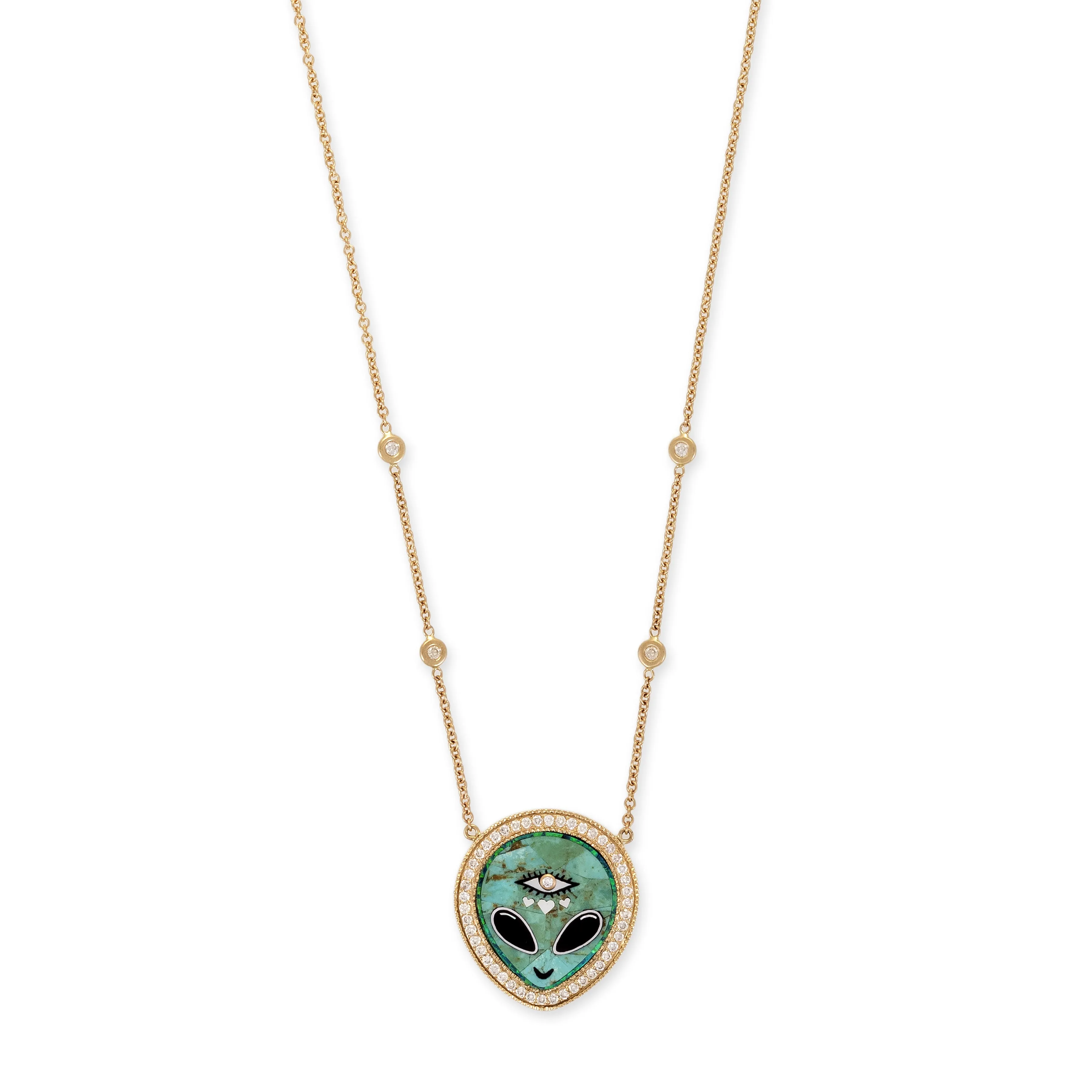 SMALL PAVE TURQUOISE   ONYX ALIEN HEART EYE INLAY NECKLACE