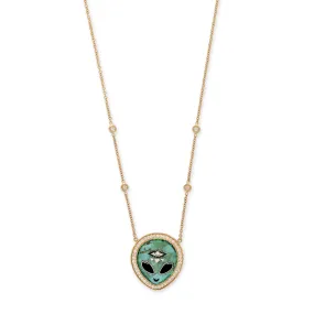 SMALL PAVE TURQUOISE   ONYX ALIEN HEART EYE INLAY NECKLACE