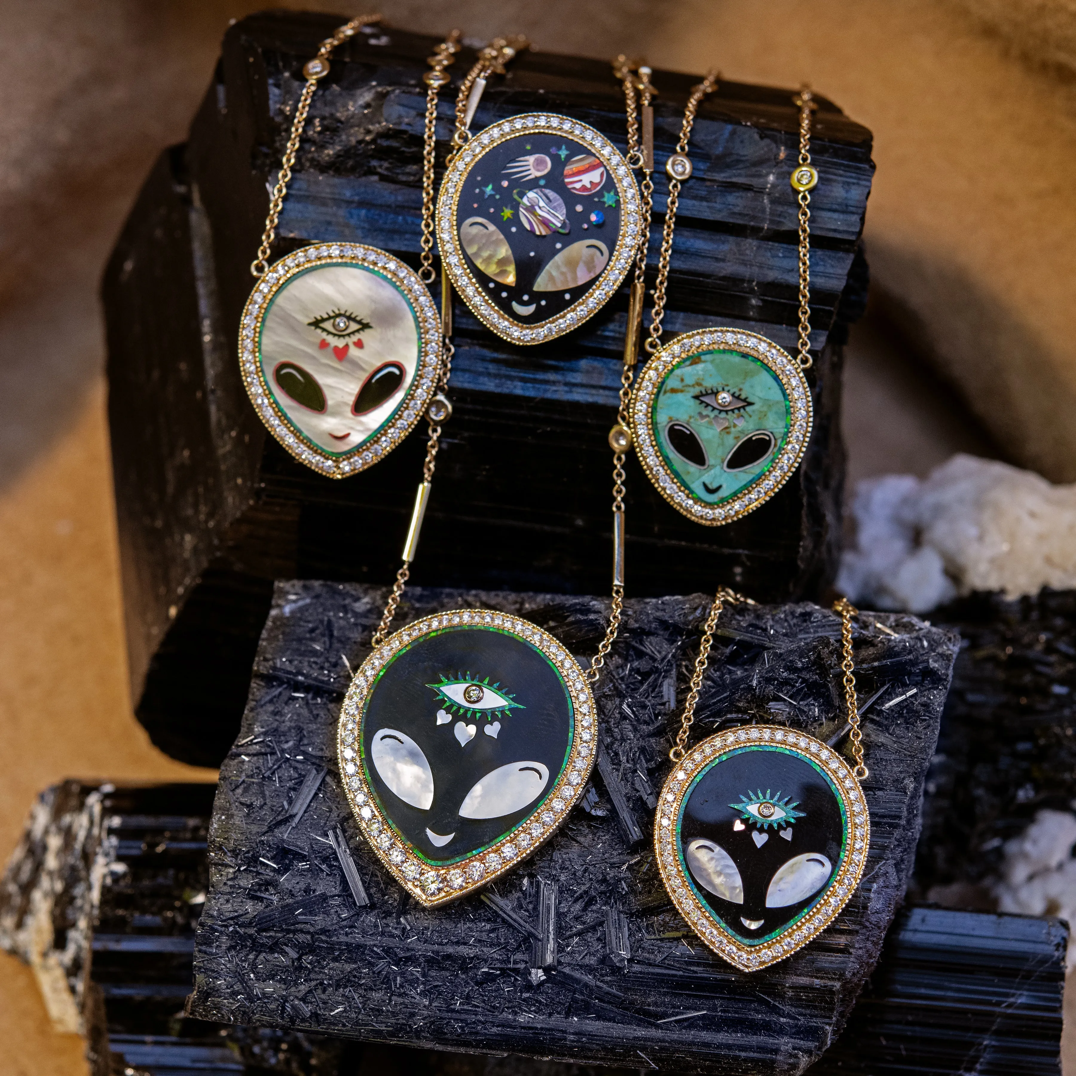 SMALL PAVE TURQUOISE   ONYX ALIEN HEART EYE INLAY NECKLACE