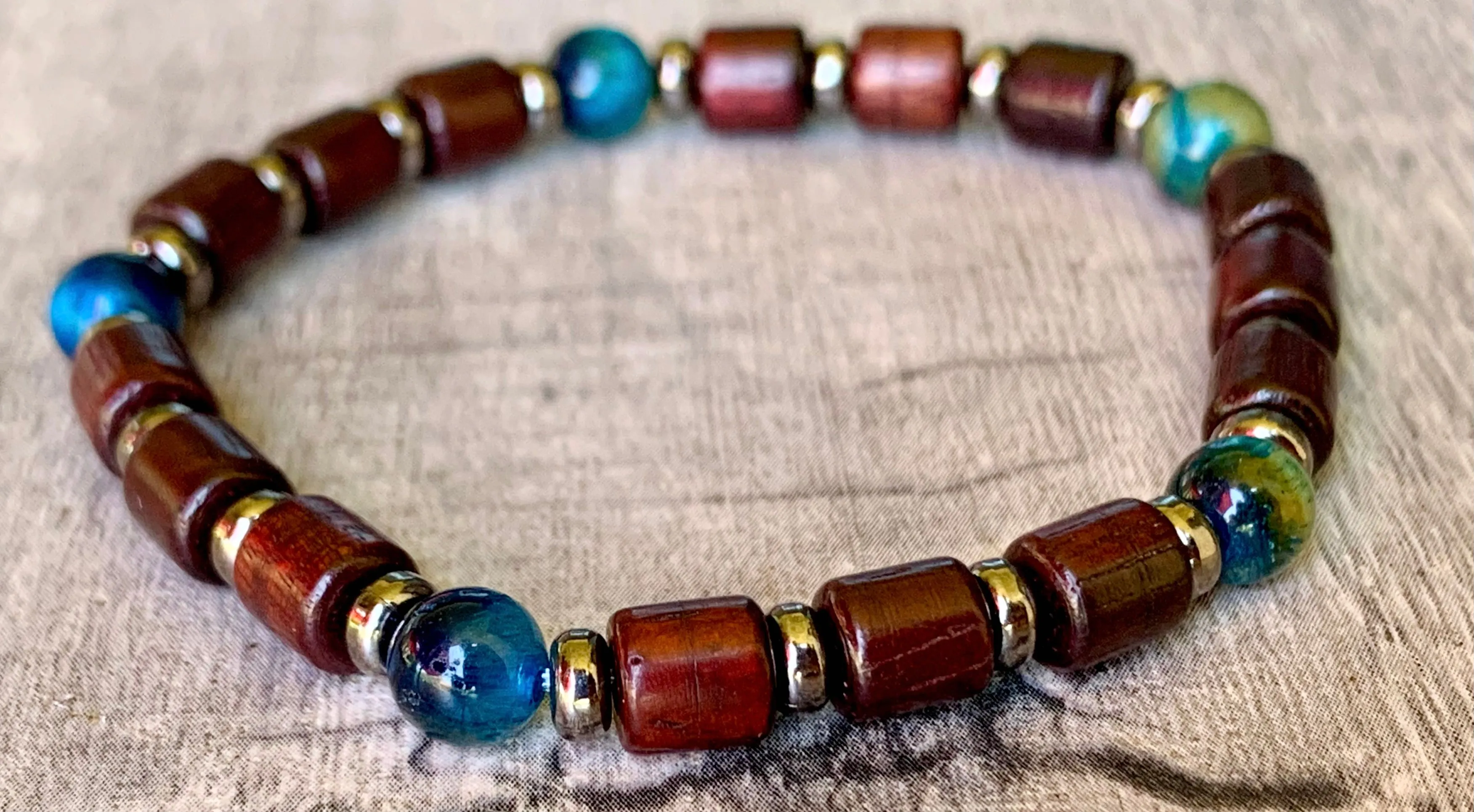 🔴SOLD🔴London Handmade Blue Tigers Eye, Hematite, and Wood Expandable Bracelet