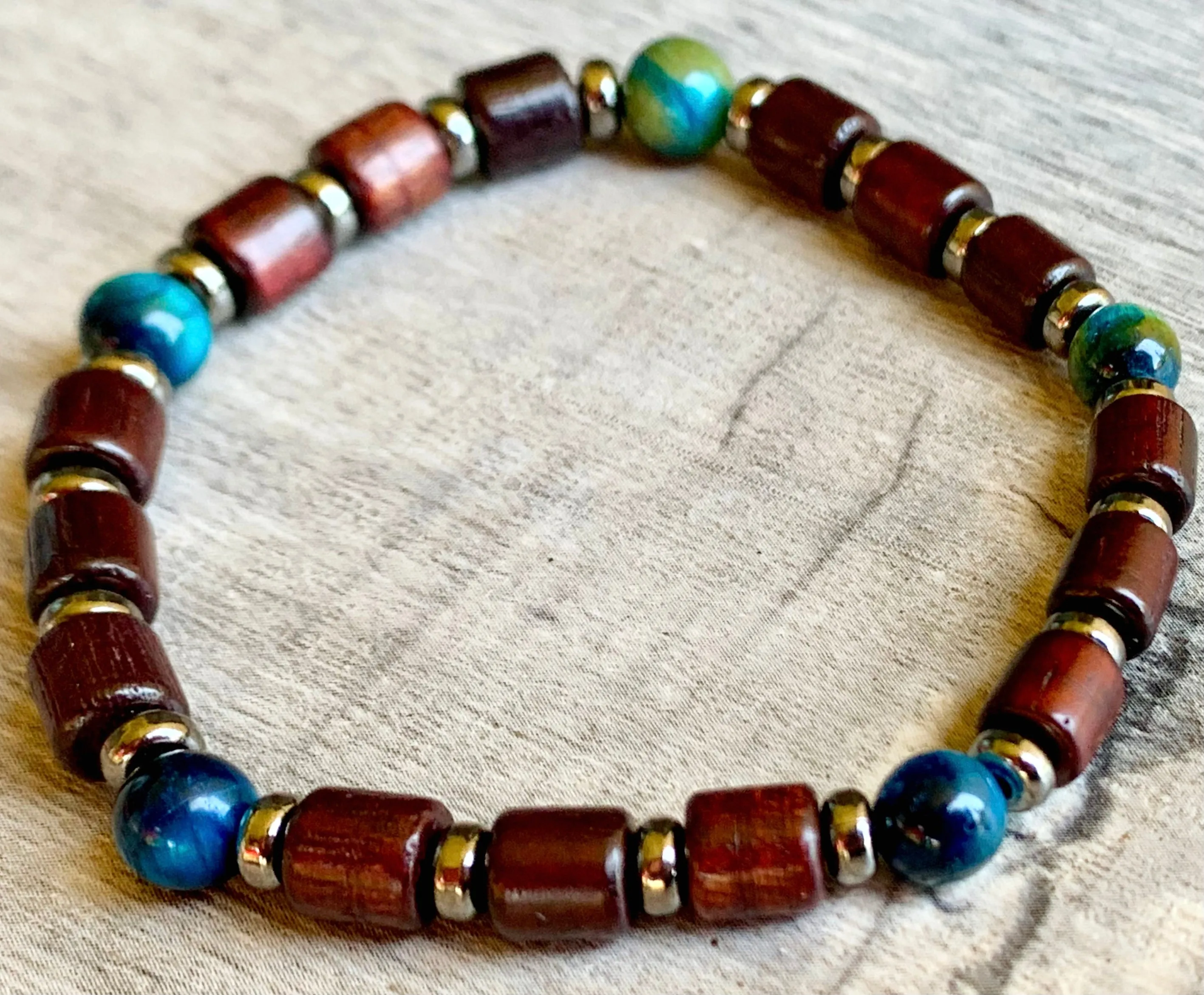 🔴SOLD🔴London Handmade Blue Tigers Eye, Hematite, and Wood Expandable Bracelet