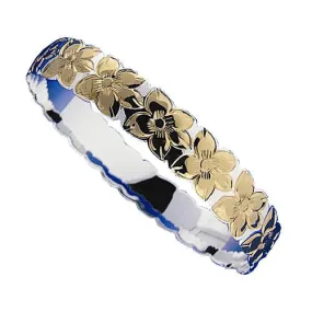Sterling Silver Hawaiian Jewelry Plumeria Engraved Bangle Two Tone Yellow Gold