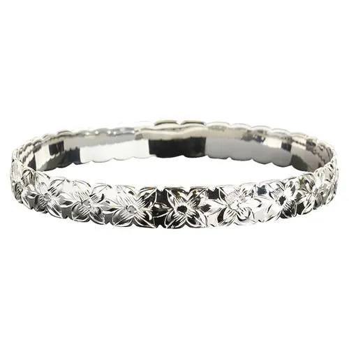 Sterling Silver Hawaiian Jewelry Plumeria Engraved Bangle