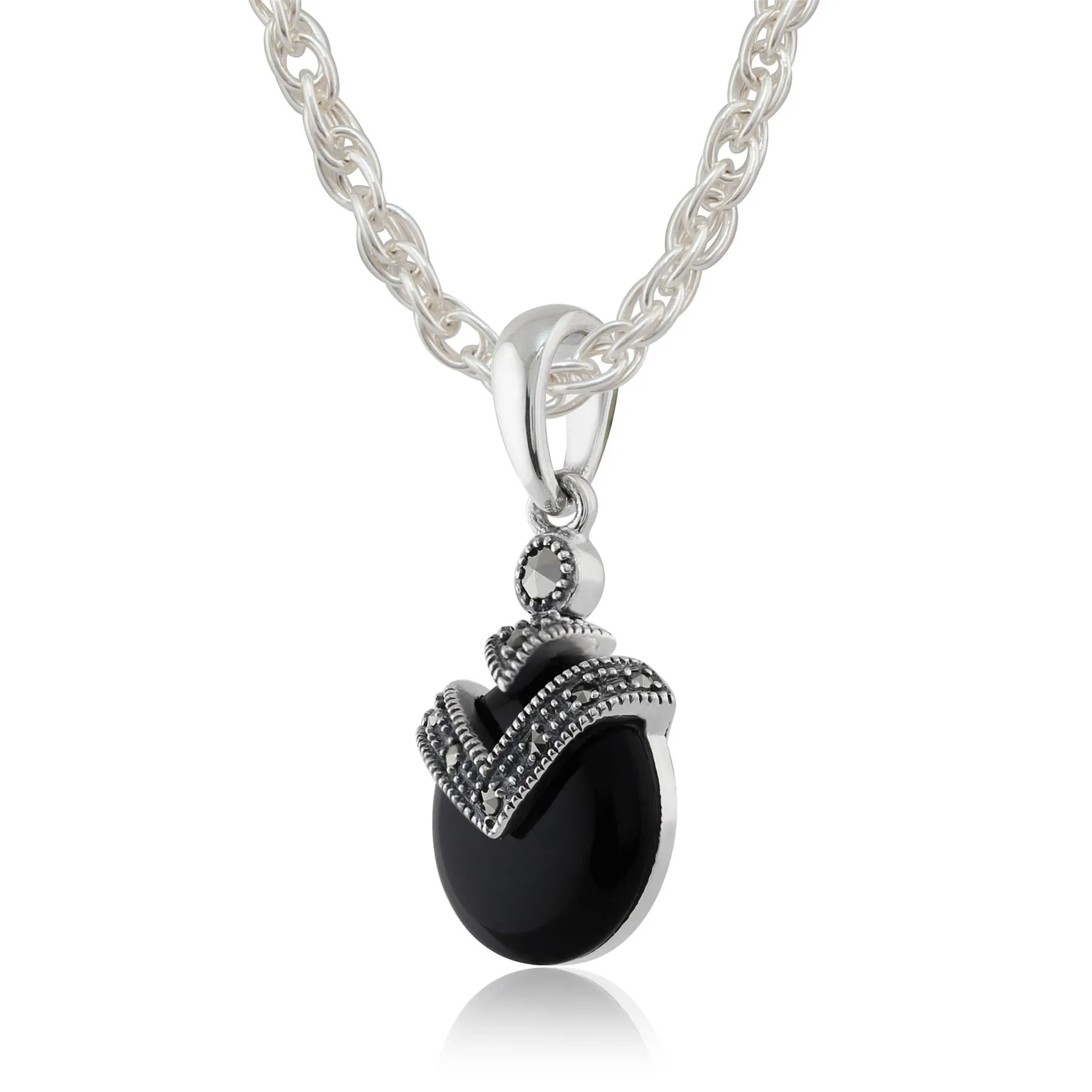 Sterlingsilber 2.00ct Schwarzer Onyx Cabochon & 8.8pt Markasit Anhänger auf 45cm Kette