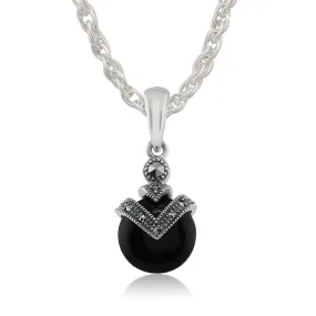 Sterlingsilber 2.00ct Schwarzer Onyx Cabochon & 8.8pt Markasit Anhänger auf 45cm Kette