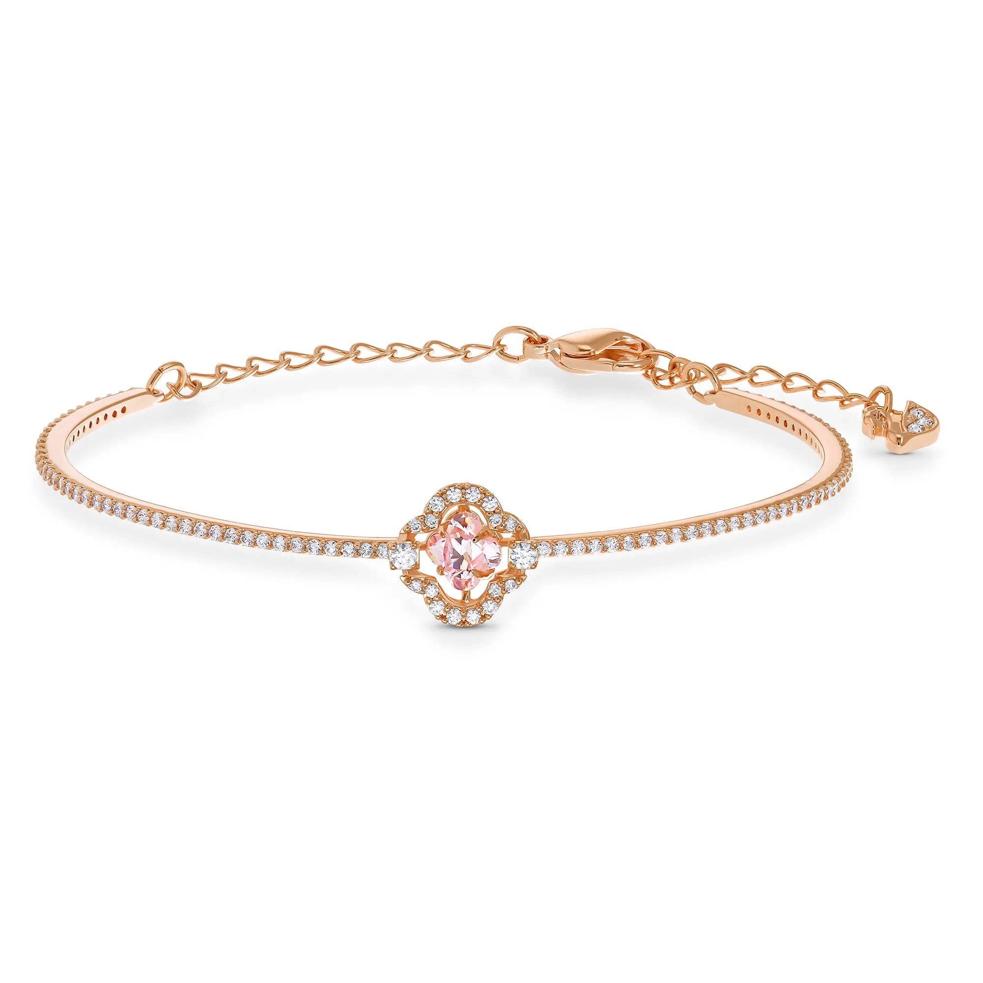 Swarovski Una Clover Bangle Bracelet with a Pink Crystal Surrounded by White Crystal Pavé on a Rose-Gold Tone Finished Band
