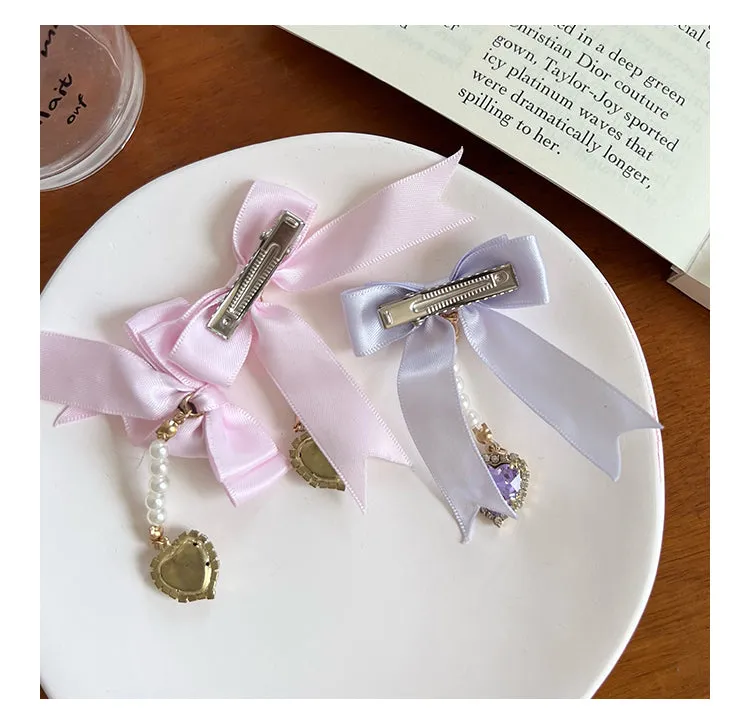 Sweet Double Bowknot Hairpin Pearl Pendant Princess Cute Double Ponytail Pair Clip