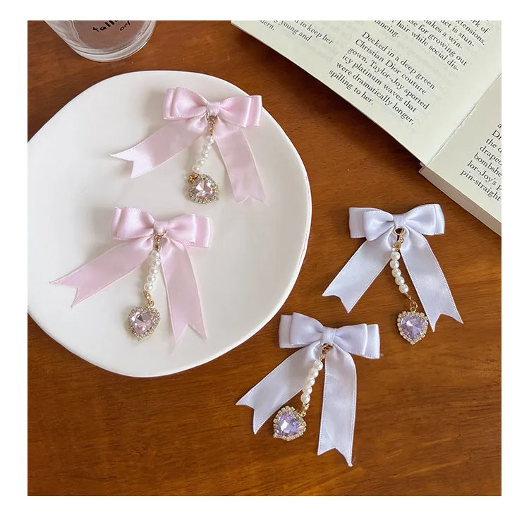 Sweet Double Bowknot Hairpin Pearl Pendant Princess Cute Double Ponytail Pair Clip