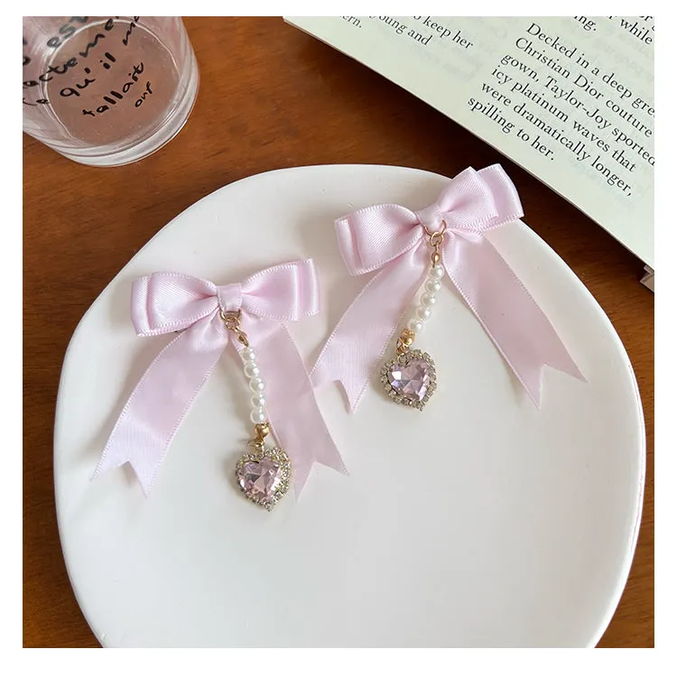 Sweet Double Bowknot Hairpin Pearl Pendant Princess Cute Double Ponytail Pair Clip