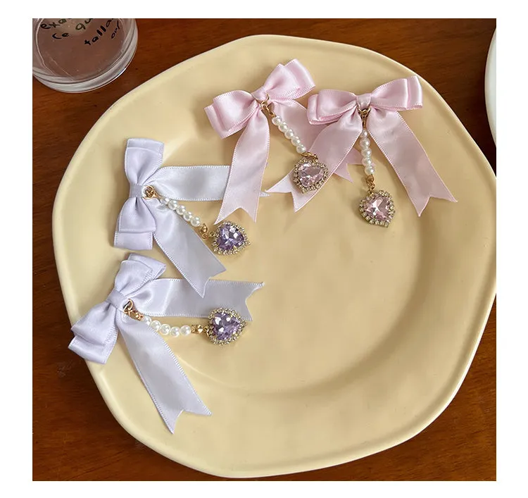 Sweet Double Bowknot Hairpin Pearl Pendant Princess Cute Double Ponytail Pair Clip