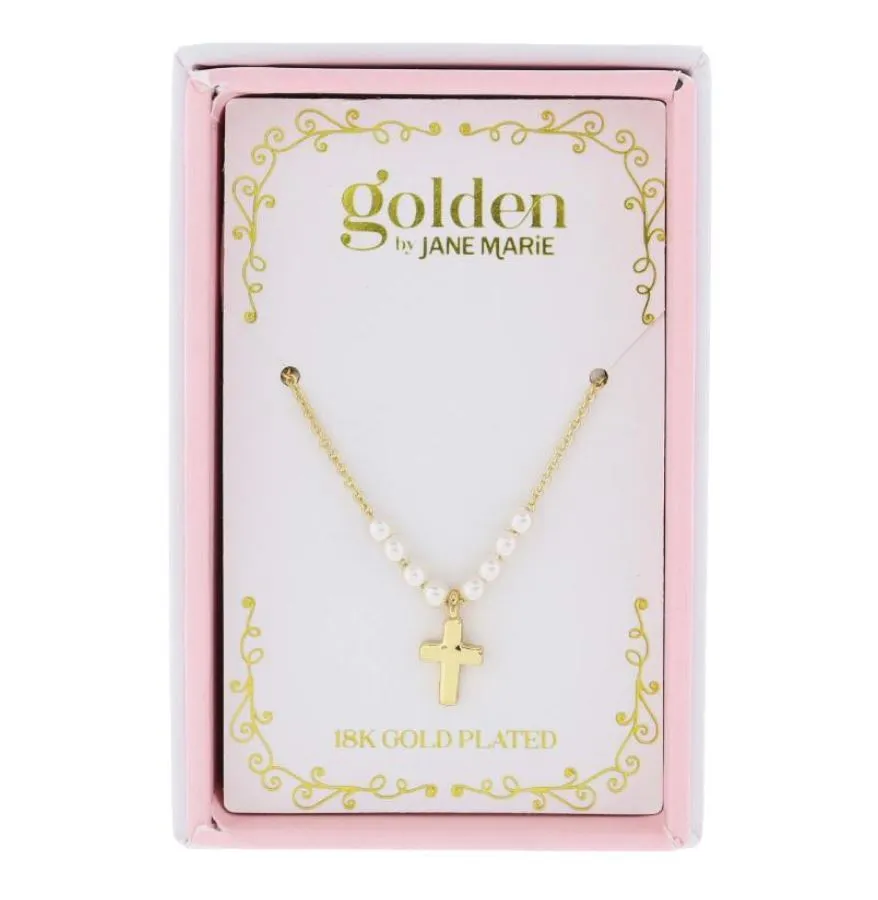 Sweetheart Kids 18K Gold Plated Mini Pearls and Gold Cross Necklace