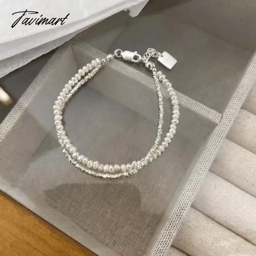 Tavimart Korean Silver Color Double Layer Pearl Bracelet for Women Girl Simple Elegant Irregular Beaded Chain Bracelet Jewelry Gift