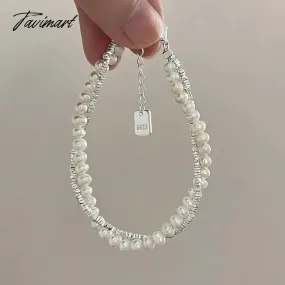 Tavimart Korean Silver Color Double Layer Pearl Bracelet for Women Girl Simple Elegant Irregular Beaded Chain Bracelet Jewelry Gift