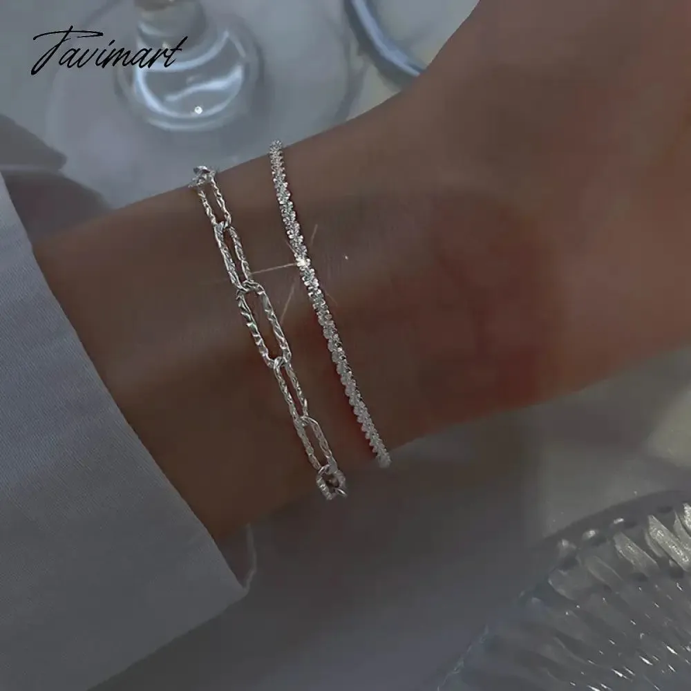 Tavimart Korean Silver Color Double Layer Pearl Bracelet for Women Girl Simple Elegant Irregular Beaded Chain Bracelet Jewelry Gift