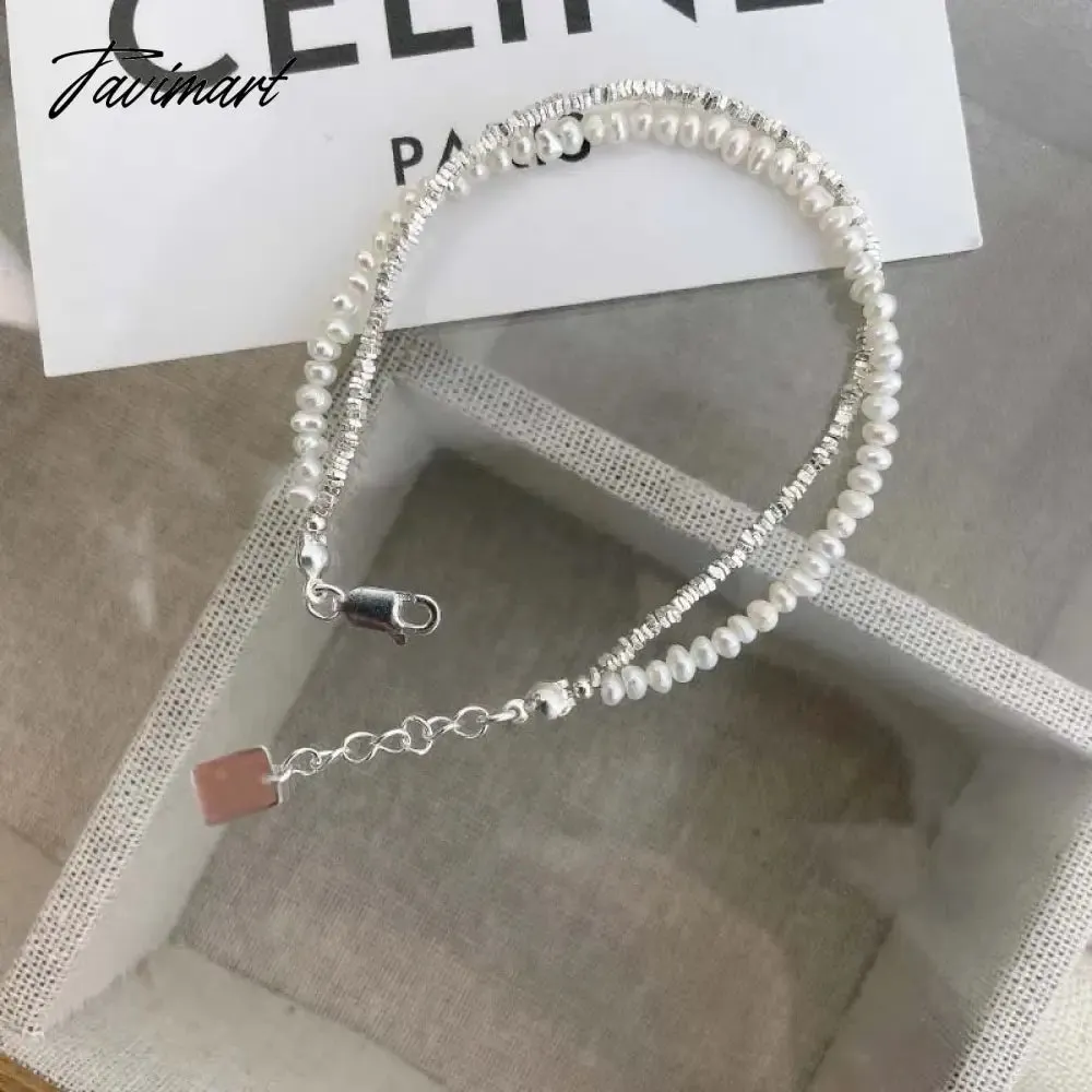 Tavimart Korean Silver Color Double Layer Pearl Bracelet for Women Girl Simple Elegant Irregular Beaded Chain Bracelet Jewelry Gift