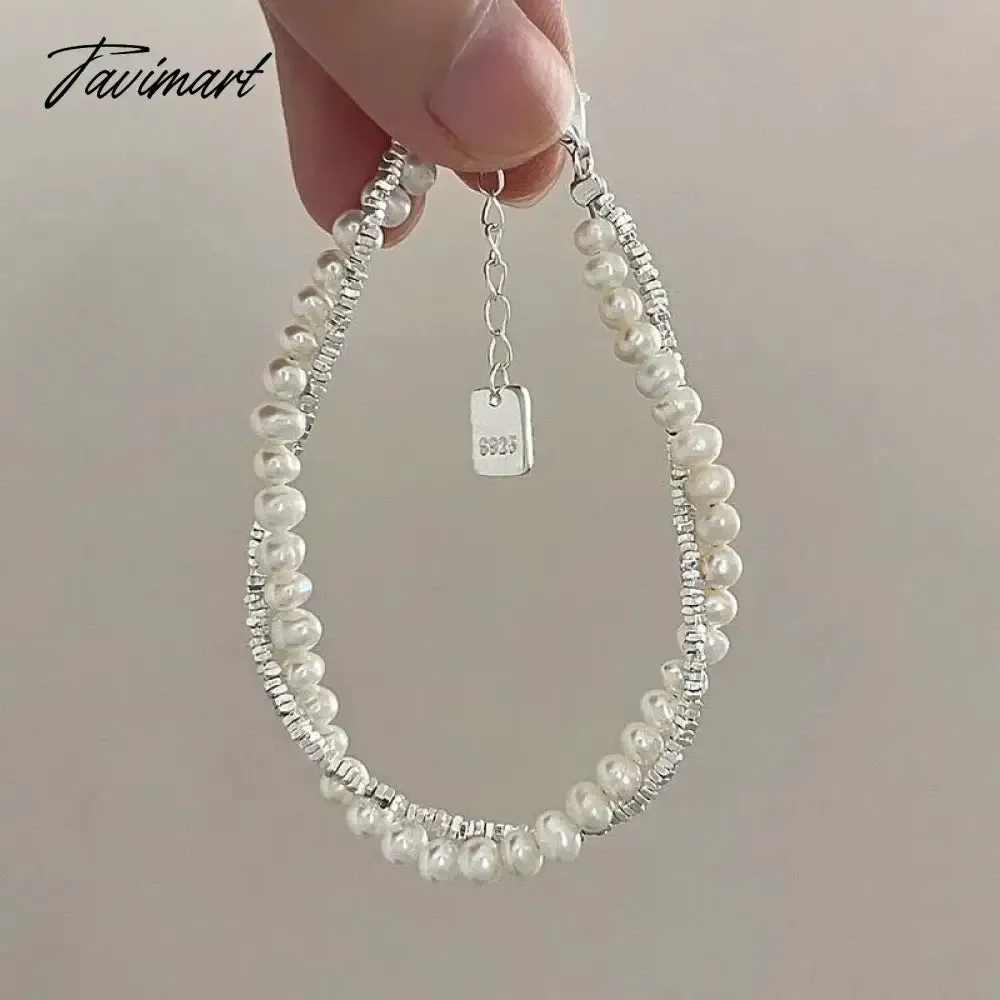 Tavimart Korean Silver Color Double Layer Pearl Bracelet for Women Girl Simple Elegant Irregular Beaded Chain Bracelet Jewelry Gift