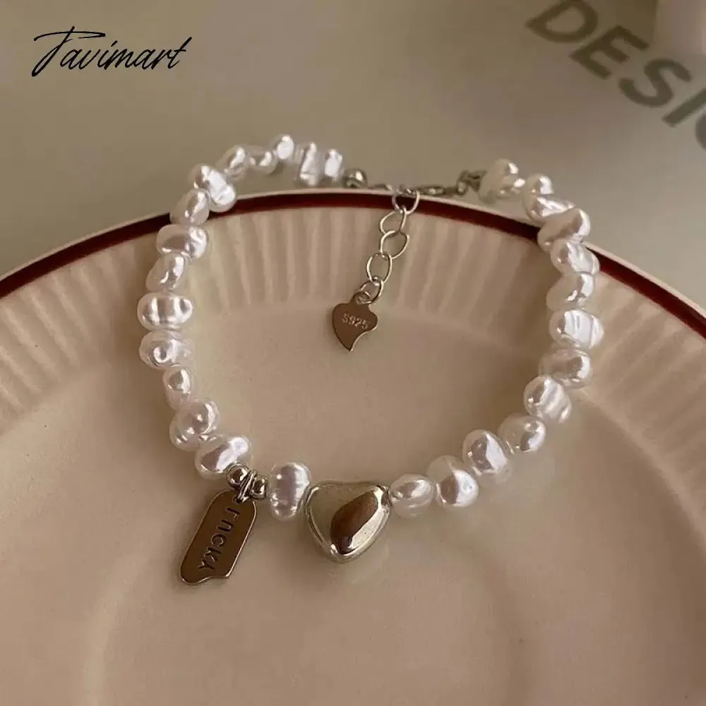 Tavimart Korean Silver Color Double Layer Pearl Bracelet for Women Girl Simple Elegant Irregular Beaded Chain Bracelet Jewelry Gift