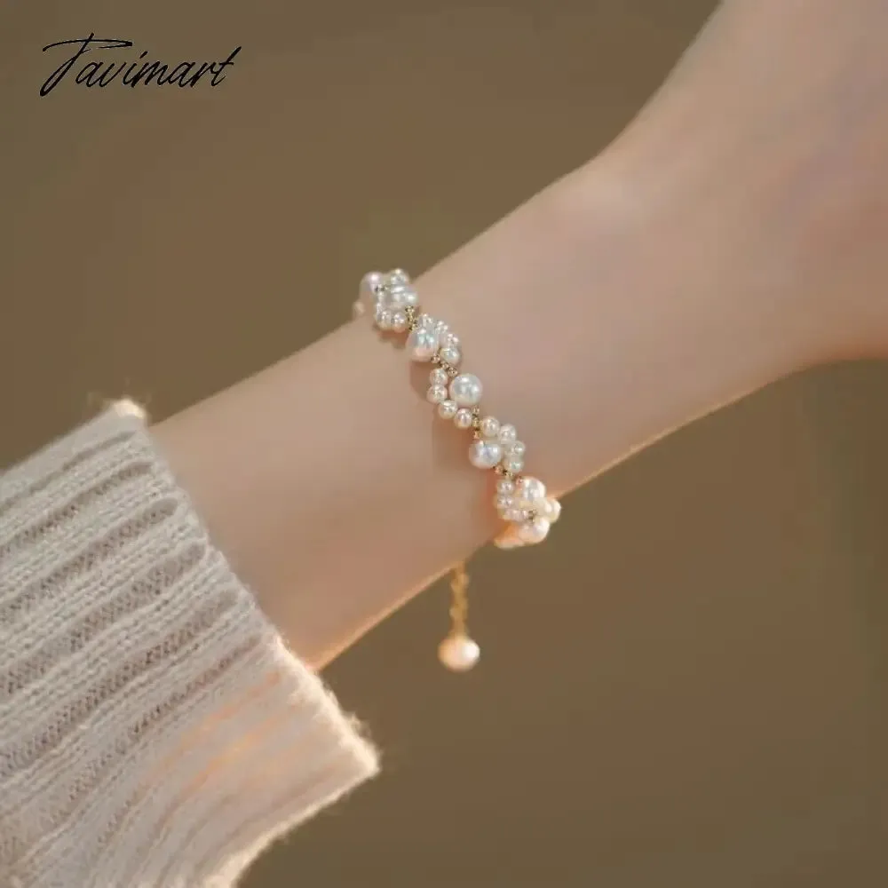 Tavimart Korean Silver Color Double Layer Pearl Bracelet for Women Girl Simple Elegant Irregular Beaded Chain Bracelet Jewelry Gift