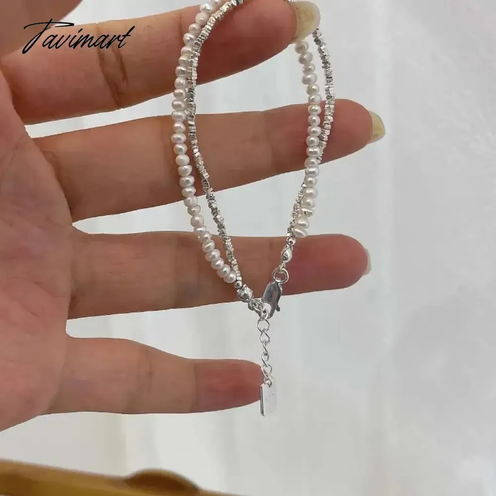 Tavimart Korean Silver Color Double Layer Pearl Bracelet for Women Girl Simple Elegant Irregular Beaded Chain Bracelet Jewelry Gift