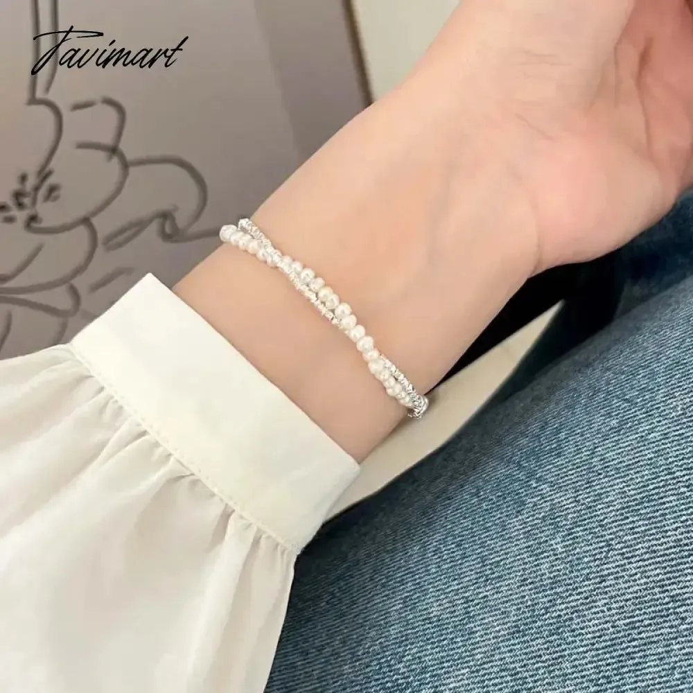 Tavimart Korean Silver Color Double Layer Pearl Bracelet for Women Girl Simple Elegant Irregular Beaded Chain Bracelet Jewelry Gift