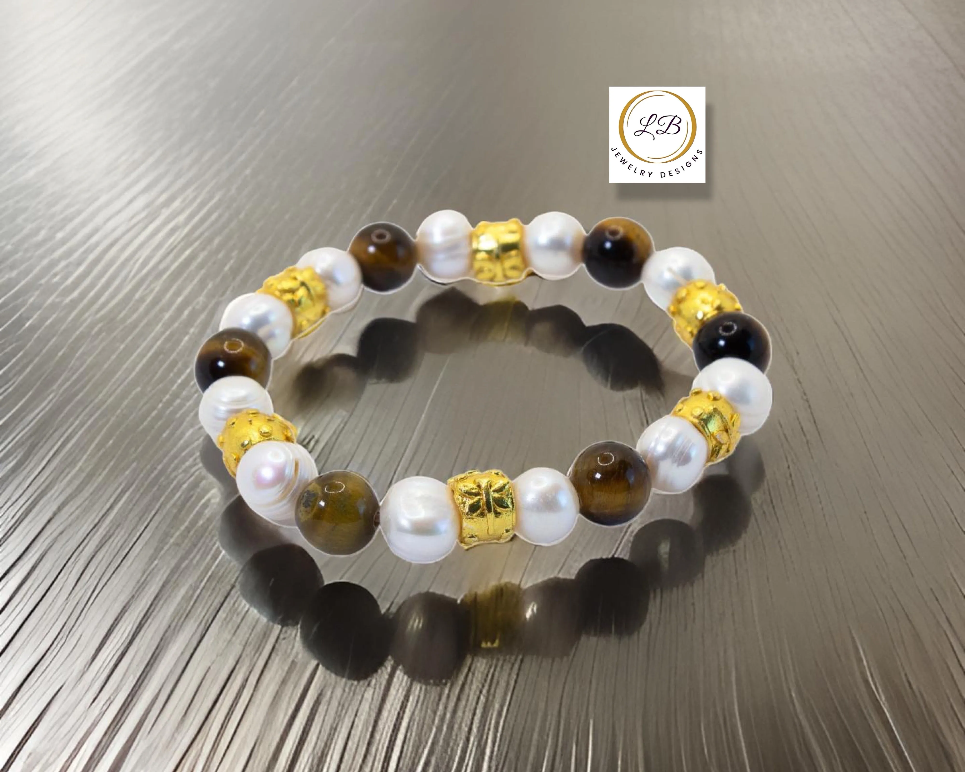 Tiger's Eye & Pearl Gemstone Gold Vermeil Beaded Bracelet
