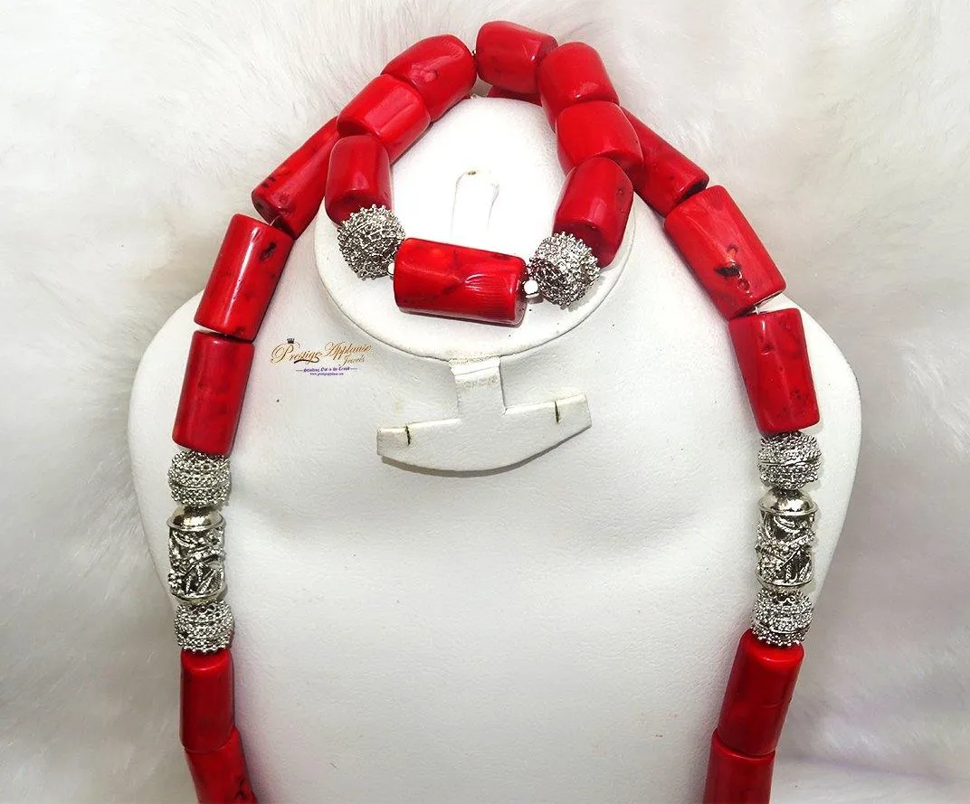 Traditional Men Women Unisex Red Coral Beads Embellished Necklace Jewellery Set
