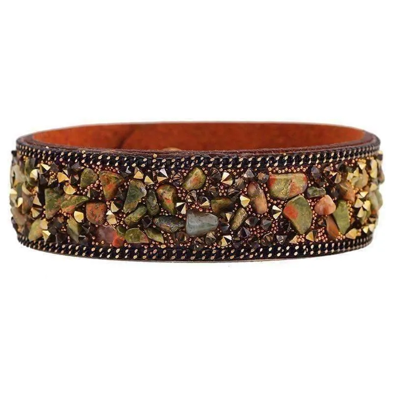 Treasure Genuine Gemstone And Crystal Encrusted Sueded Leather Wrap Bracelet for Women