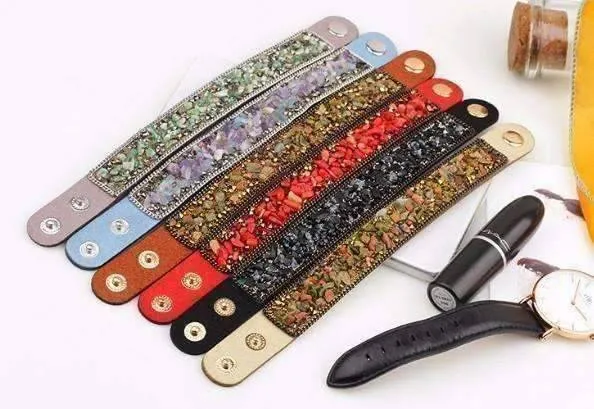 Treasure Genuine Gemstone And Crystal Encrusted Sueded Leather Wrap Bracelet for Women