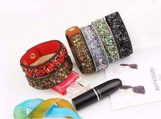 Treasure Genuine Gemstone And Crystal Encrusted Sueded Leather Wrap Bracelet for Women