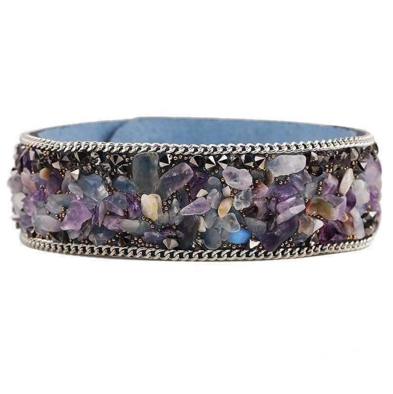 Treasure Genuine Gemstone And Crystal Encrusted Sueded Leather Wrap Bracelet for Women