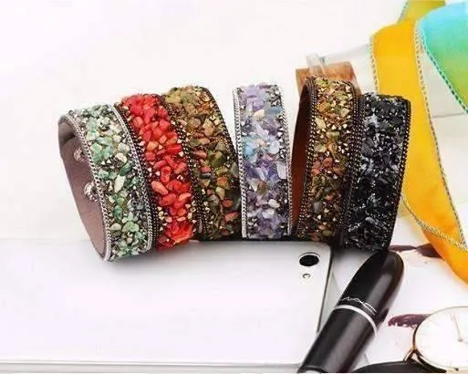 Treasure Genuine Gemstone And Crystal Encrusted Sueded Leather Wrap Bracelet for Women